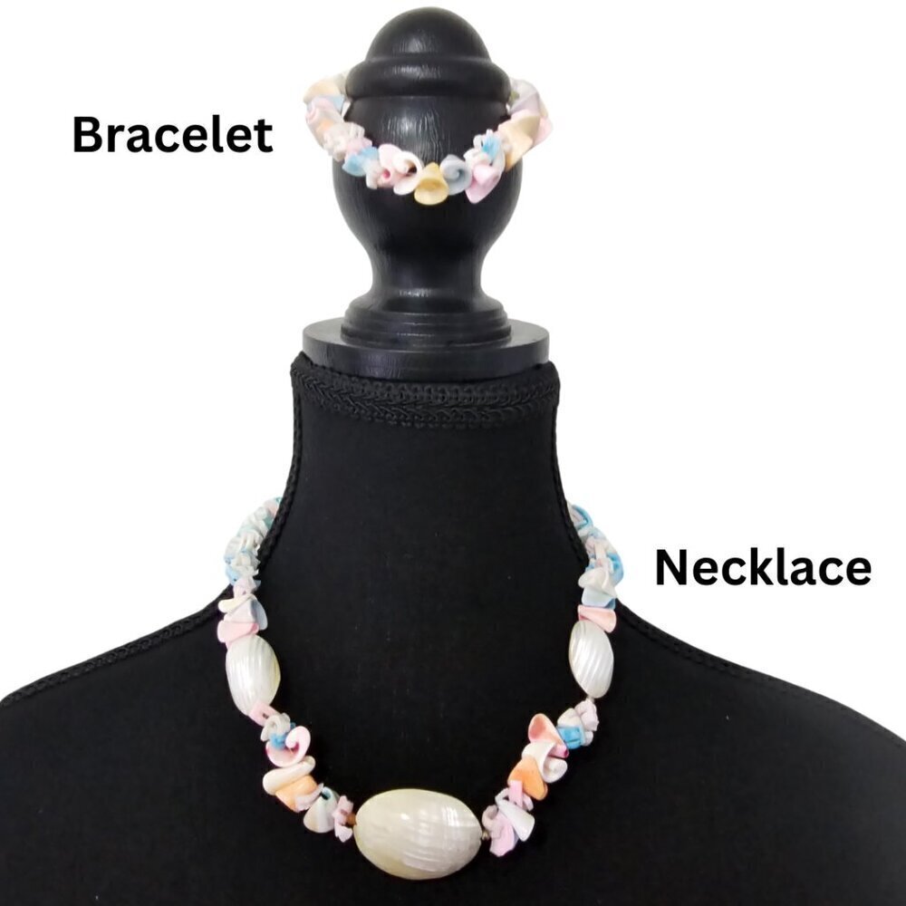 Vintage 1980's Seashell Necklace and Bracelet Set handmade from the Philippines